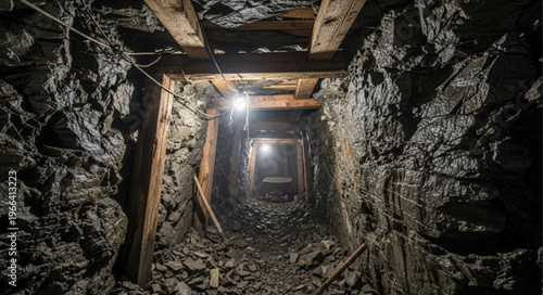 Dimly Lit Underground Mine Shaft with Wooden Supports.