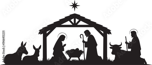 Nativity scene silhouette with Mary, Joseph, Jesus, and animals