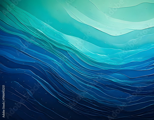 Dynamic abstract background featuring flowing waves in a serene gradient of deep ocean blues and tranquil turquoises, evoking a sense of depth and peaceful movement for various design projects