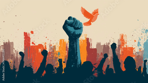 Protest, revolution, activism concept, raised fists, cityscape, dove, abstract