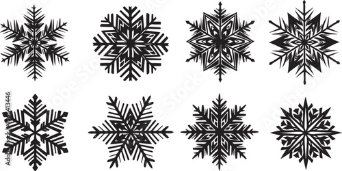 Collection of unique black snowflakes on white background