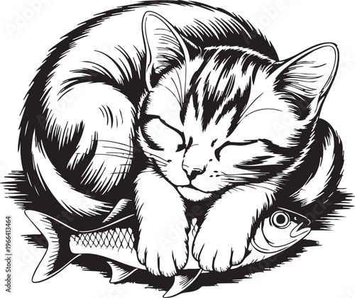 Whimsical black and white sketch of a content tabby cat curled up asleep peacefully resting its paws on a small detailed fish evoking a sense of comfort and simple joy