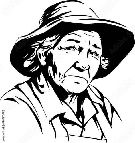 Hand Drawn Elderly Female Farmer Black and White Illustration in Minimal Solid Art Style Design