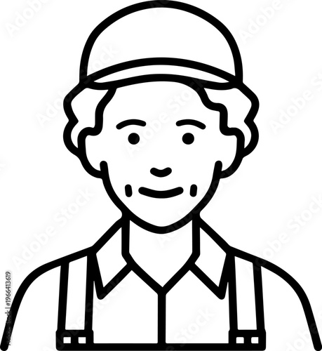 Hand Drawn Elderly Female Farmer Black and White Illustration in Minimal Solid Art Style Design