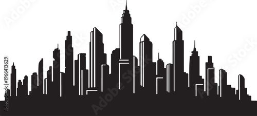 Black and white city skyline silhouette illustration