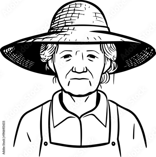 Hand Drawn Elderly Female Farmer Black and White Illustration in Minimal Solid Art Style Design