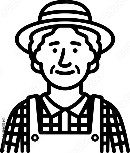 Hand Drawn Elderly Female Farmer Black and White Illustration in Minimal Solid Art Style Design