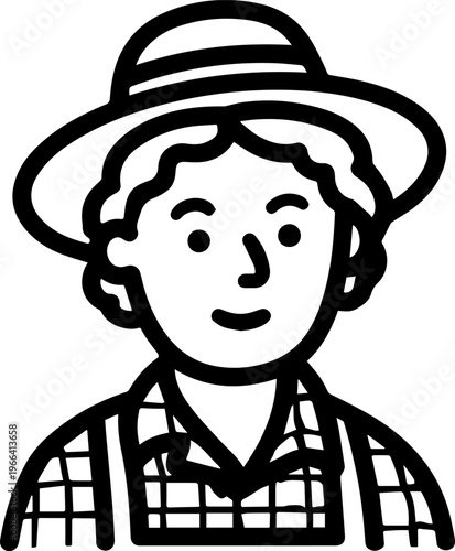 Hand Drawn Elderly Female Farmer Black and White Illustration in Minimal Solid Art Style Design
