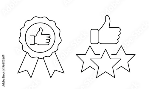 Quality guarantee medal and customer feedback thumbs up with stars icon for rating and satisfaction.Editable stroke, Vector illustration, Line art Icon, Symbols.