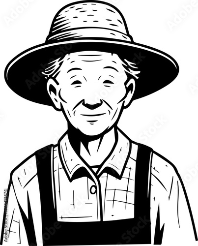 Hand Drawn Elderly Female Farmer Black and White Illustration in Minimal Solid Art Style Design