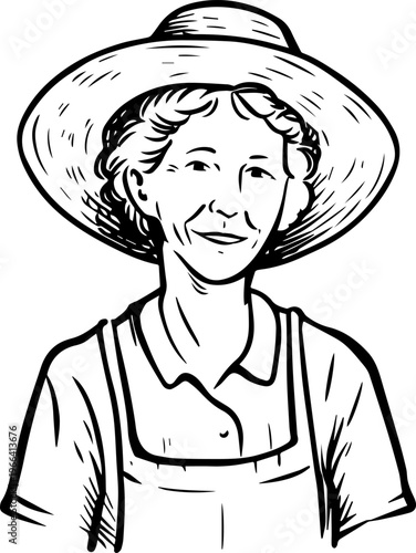 Hand Drawn Elderly Female Farmer Black and White Illustration in Minimal Solid Art Style Design