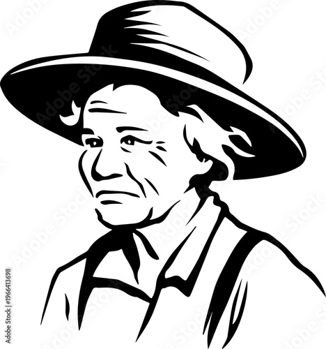Hand Drawn Elderly Female Farmer Black and White Illustration in Minimal Solid Art Style Design