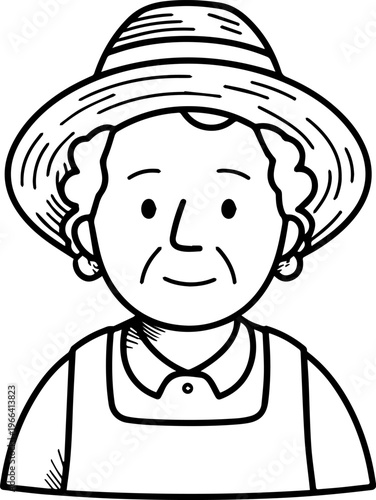 Hand Drawn Elderly Female Farmer Black and White Illustration in Minimal Solid Art Style Design