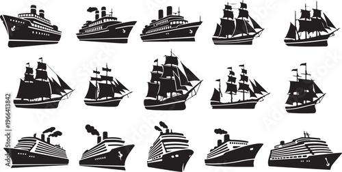 Collection of various ship and boat silhouettes on white background