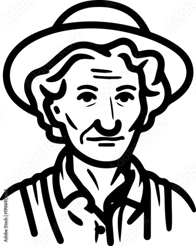 Hand Drawn Elderly Female Farmer Black and White Illustration in Minimal Solid Art Style Design