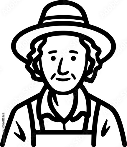 Hand Drawn Elderly Female Farmer Black and White Illustration in Minimal Solid Art Style Design
