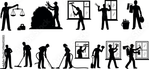 Cleaning service and maintenance worker silhouettes set with window washing, floor cleaning, gardening, sanitation tasks, janitor duties, professional hygiene services, black vector illustration 
