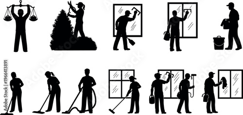 Cleaning service worker silhouettes set with window washing, floor cleaning, gardening, maintenance tasks, janitor duties, housekeeping activities, professional hygiene services, black vector 
