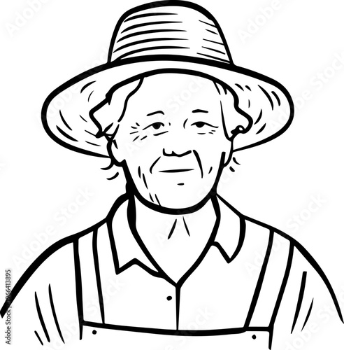 Hand Drawn Elderly Female Farmer Black and White Illustration in Minimal Solid Art Style Design