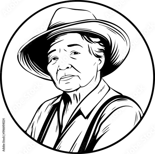 Hand Drawn Elderly Female Farmer Black and White Illustration in Minimal Solid Art Style Design