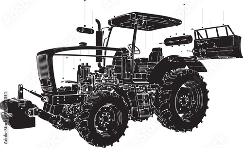 Detailed Tractor Blueprint with Attachments and Components