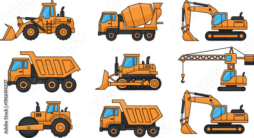 Construction machinery vector set featuring excavator, bulldozer, dump truck, crane, loader and mixer, heavy equipment collection for building industry isolated illustration
