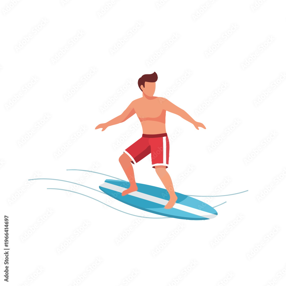 Obraz premium Man Surfing on Blue Board with Red Shorts, Watersport Activity and Summer Lifestyle