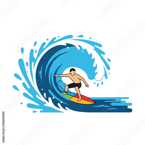 Man surfing on a colorful board inside a breaking ocean wave, dynamic action sport illustration