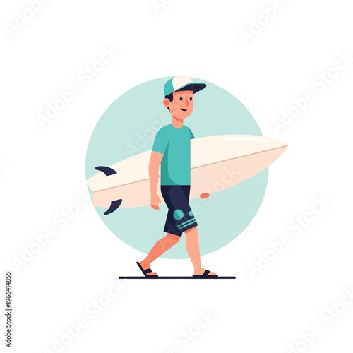 Surfer Boy Walking With White Surfboard Summer Beach Sport Vector Illustration