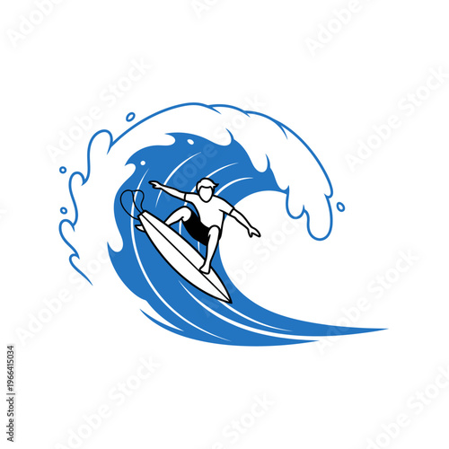 Surfer Riding a Blue Wave, Action Sport, Summer Beach Lifestyle Illustration