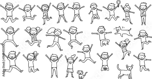 Happy Kids  Pets Black  White Line Art Doodle Set. Hand Drawn Cheerful Children Boys Girls Jumping Playing Dancing. Lifestyle  Education Concept.