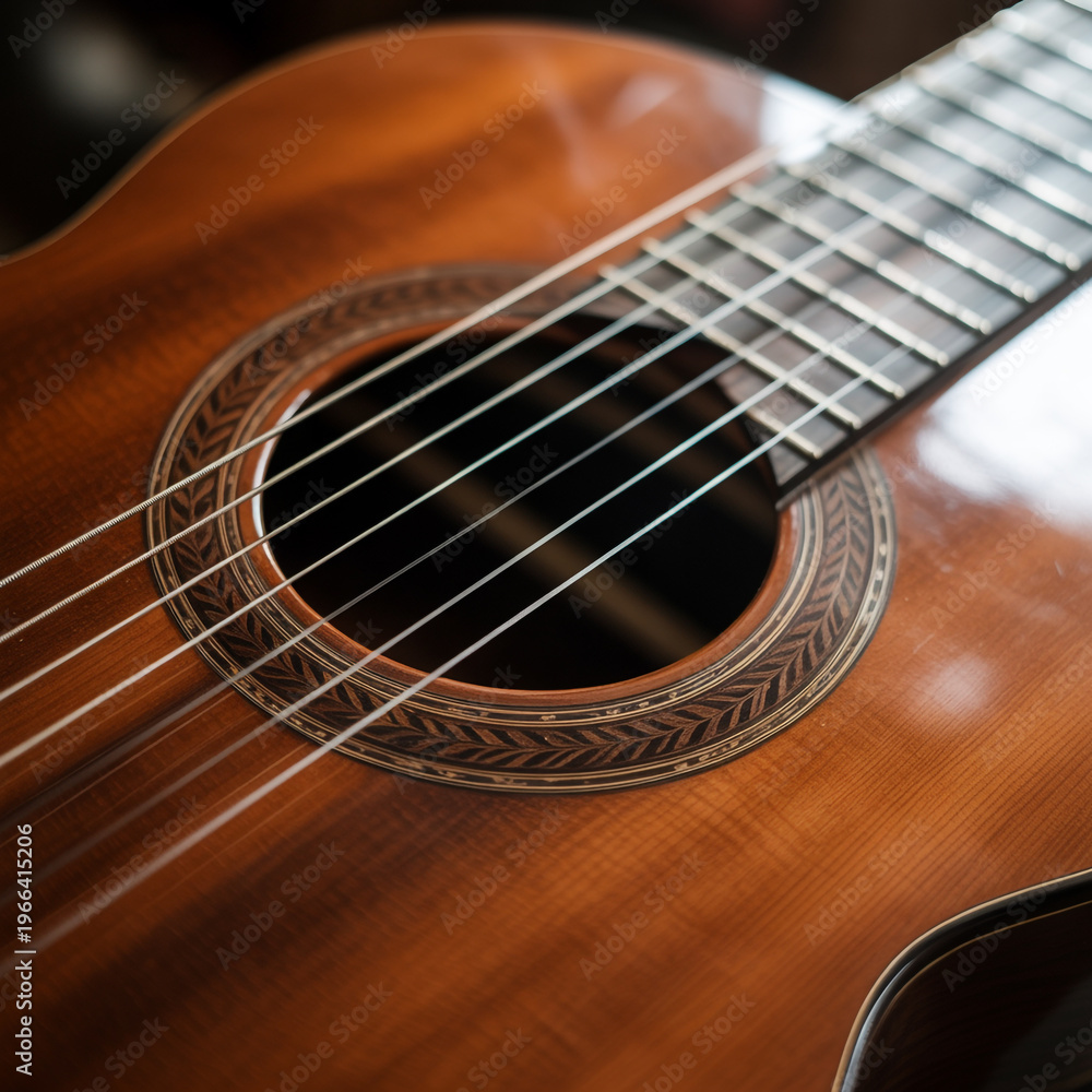 Obraz premium Closeup of a brown acoustic guitar with a sound hole and strings