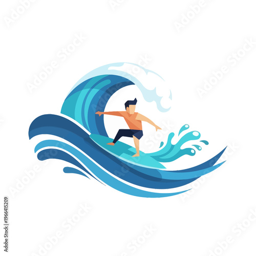 Surfer riding a large ocean wave, dynamic water sport illustration