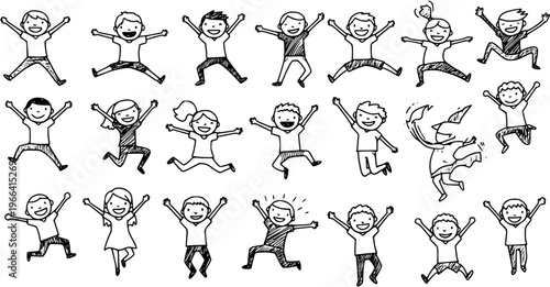 Happy Childhood Kids Jumping Doodles. Black and White Hand-Drawn Line Art Illustration of Diverse Children Playing for Education and Lifestyle Concepts.