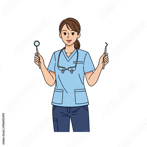 Female Dentist Holding Dental Tools and Mirror with Glasses Around Neck