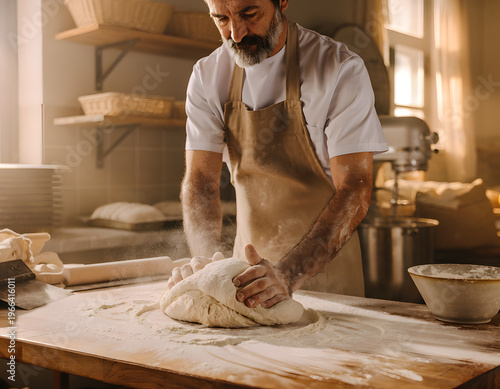 Dedicated male artisan baker expertly kneading fresh dough on a floured wooden surface, showcasing traditional bread-making craft and passion in a warm, rustic bakery setting