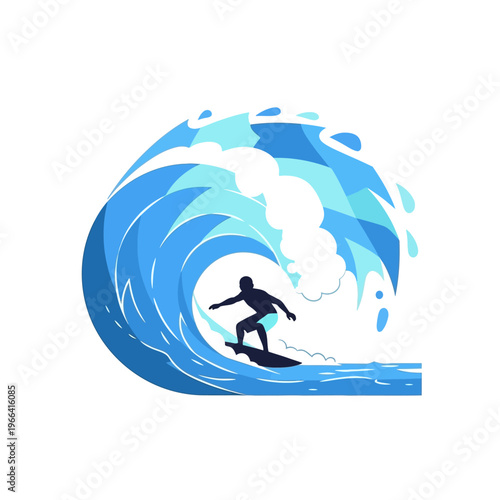Surfer silhouette riding a large blue wave, dynamic ocean sport illustration