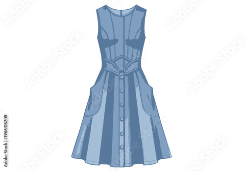 Blue Denim Button Front Fashion Flat Sketch Dress with Panelled Bodice and Pockets CAD