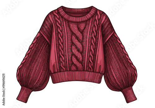 Burgundy Cable Knit Fashion Flat Sketch Sweater with Lantern Sleeves and Ribbed Trim CAD