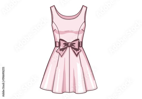 Pink Fashion Flat Sketch Fit and Flare Dress with Waist Bow and Sleeveless Bodice CAD