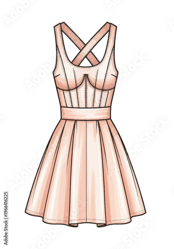 Pink Corset Bodice Fashion Flat Sketch Dress with Cross Back Straps and Pleated Skirt CAD