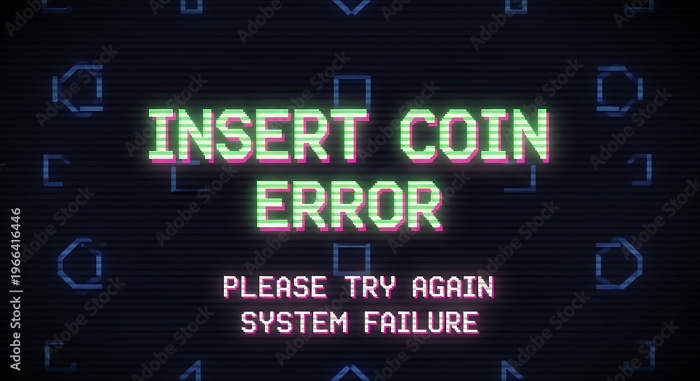 Fototapeta premium Retro computer display shows 'insert coin error' with glitch effect with computer screen.
