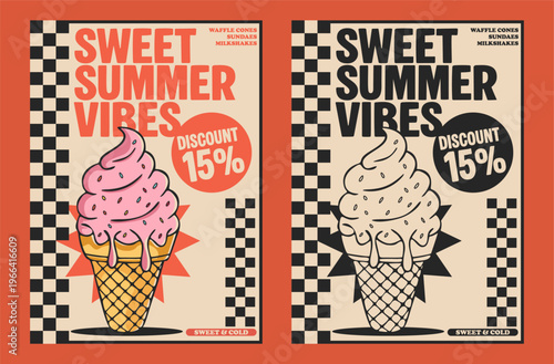 Retro ice cream poster with playful illustration, bold typography, checkered pattern, and colorful summer vibes, perfect for dessert and streetwear themes