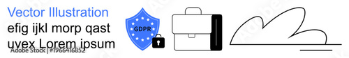 Data security, privacy protection, business compliance, cloud computing, GDPR concepts, cybersecurity. Blue shield with GDPR lock, briefcase abstract cloud outline. Data security and privacy
