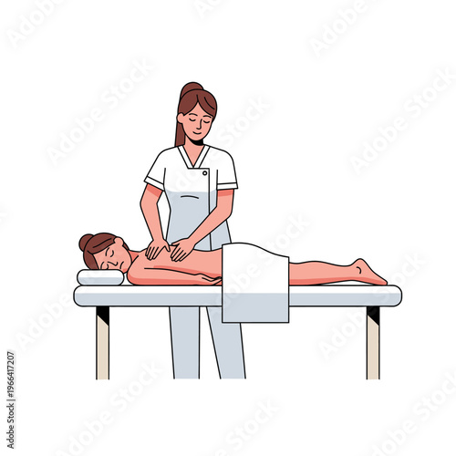 Therapist performing back massage on woman lying on massage table, spa wellness illustration