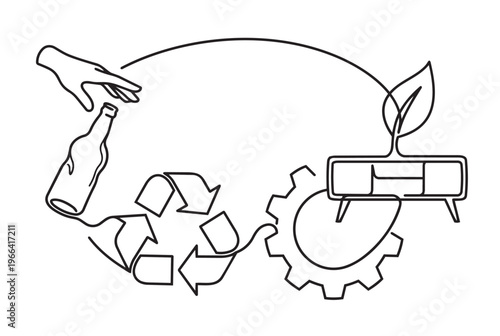 Continuous line art of circular economy concept and upcycling loop