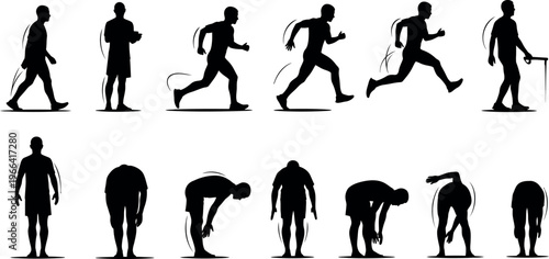 A series of black silhouettes depicting a man exercising with a jump rope in various poses and movements.