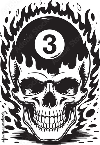 Fiery skull with billiard ball number 3 ignites intense competition and thrilling game night energy with dynamic flames and bold graphic style