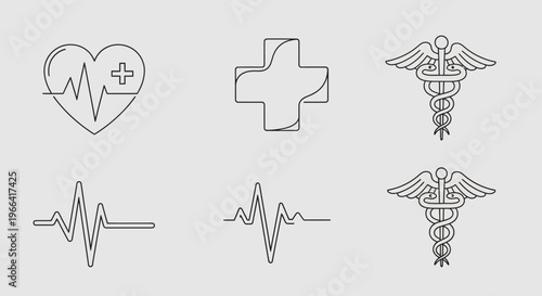 Medical Icons Set: Heartbeat, Caduceus, Cross - Healthcare and Medicine Symbols