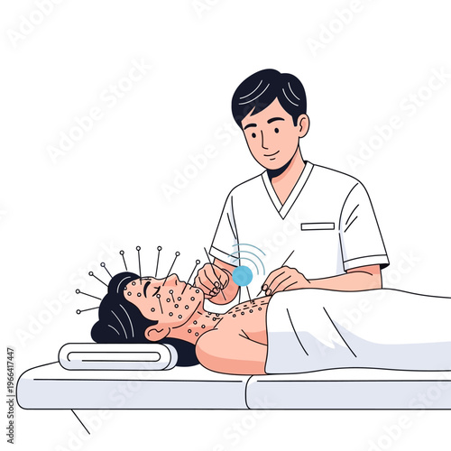 Acupuncturist applying needles to a patient's face and body on a treatment table.